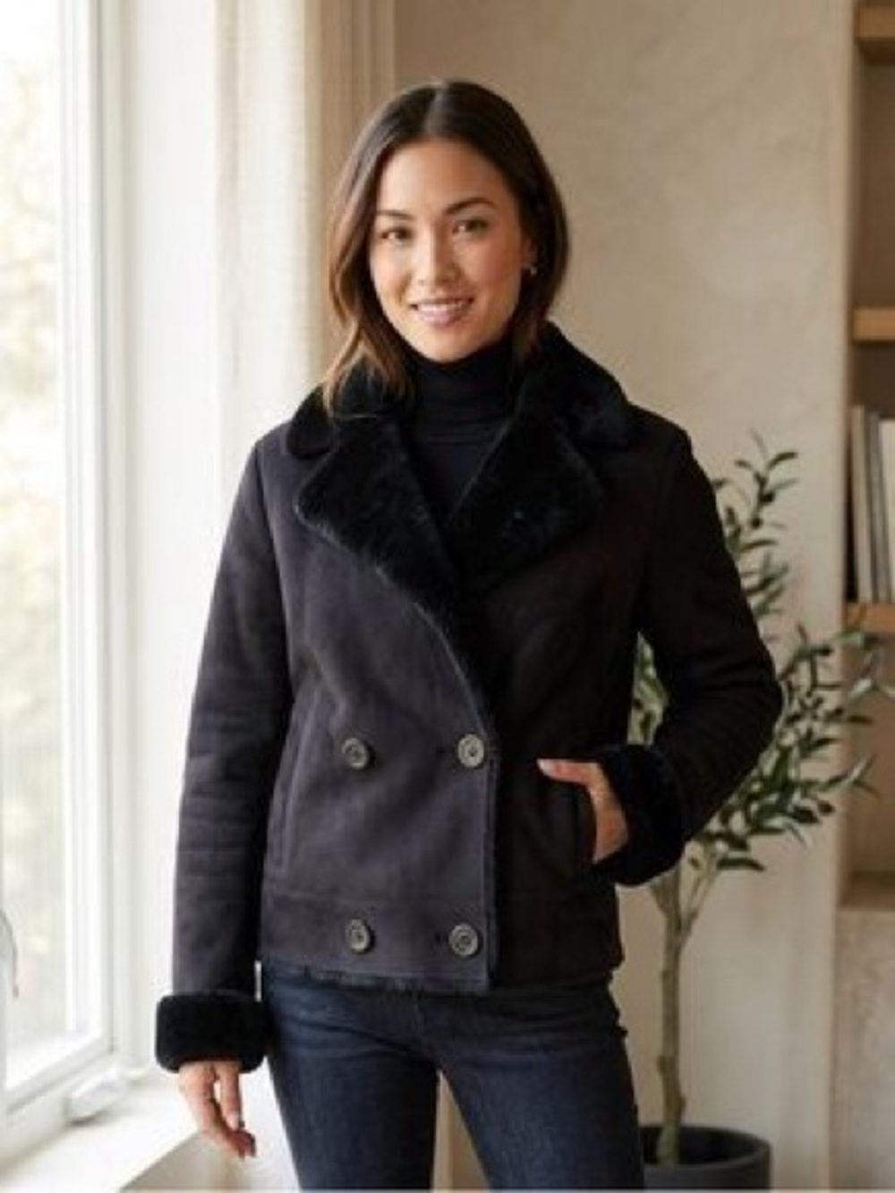 Lauren Black Label Double-Breasted faux suede faux fur coat Jacket minimalist L